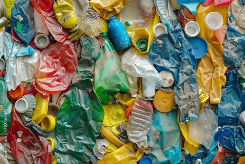 A close-up view of various crushed plastics showcasing recycling and environmental challenges