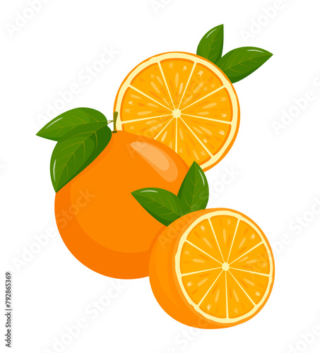 Orange slices. Fresh citrus, half sliced oranges. Orange is a fruit that is sour and has high vitamin C. Flat style. Vector illustration
