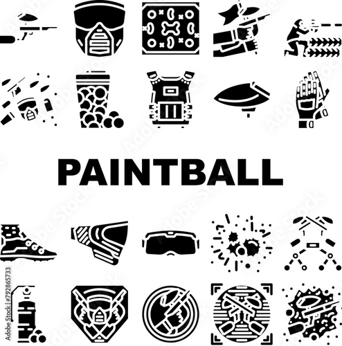 paint ball game soldier icons set vector. paintball special, gamer player, gun shooting, splatter, target, team forces war fun paint ball game soldier glyph pictogram Illustrations