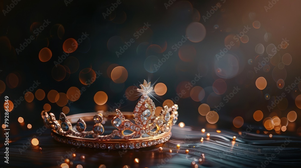 A minimalist yet striking image of a sleek golden crown with a smooth white shine, standing out against a soft-focus background of blue and green bokeh lights. A minimalist yet striking image of a sleek golden crown with a smooth white shine, standing out against a soft-focus background of blue and green bokeh lights.