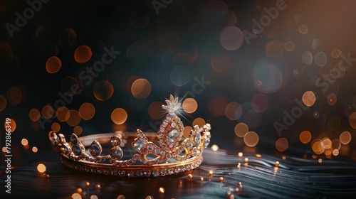 A minimalist yet striking image of a sleek golden crown with a smooth white shine, standing out against a soft-focus background of blue and green bokeh lights.
