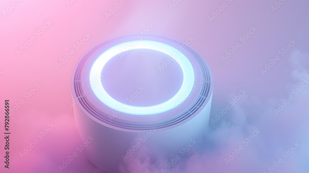 Air purifier with LED lights, smoke in the background. Air purifier with LED lights, smoke in the background.