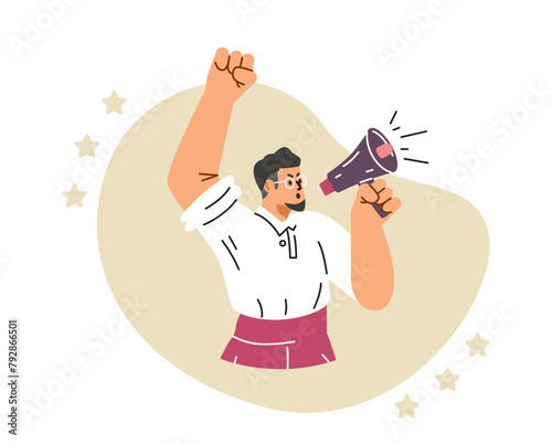 Man on demonstration with loudspeaker and megaphone, agitation speaker protesting, cartoon single picket, manifestation