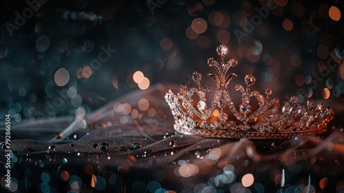  An opulent scene featuring a golden crown with a strong white glow at its tips, positioned on a velvet cushion. Behind it, the background is a cascade of golden bokeh lights. photo