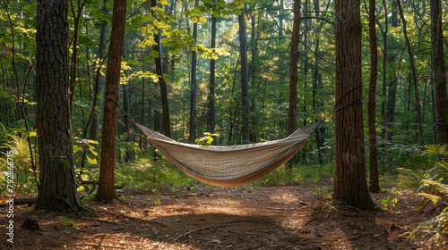 Tranquil forest scene with empty hammock hanging between trees, sunlight filtering through leaves