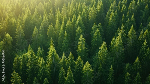 Aerial view green trees in a forest of old spruce, fir and pine photo
