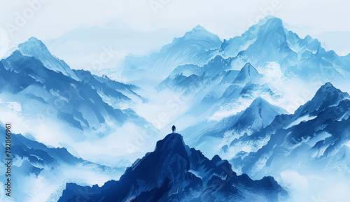 Silhouetted figure standing atop a majestic mountain range under a serene blue sky