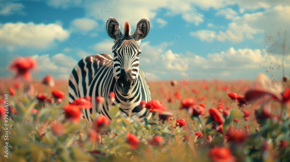 Wide angle lens, zebras and beautiful flower fields