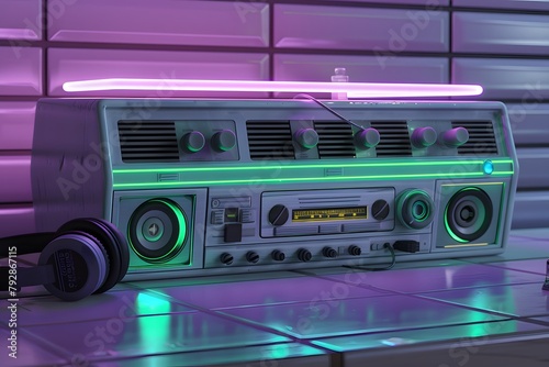 Vintage style boombox sound system 80's Boom Box cassette player, radio tape recorder, synthwave 80s style.