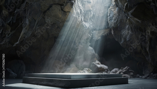 Mysterious empty stage in a dark, atmospheric cave with dramatic lighting