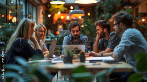 Innovative tech startup team brainstorming in a vibrant office environment