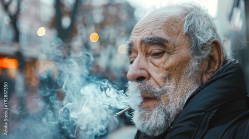 Senior man enjoying a cannabis joint smoke break outdoors in Berlin, the essence of calm and relaxation captured