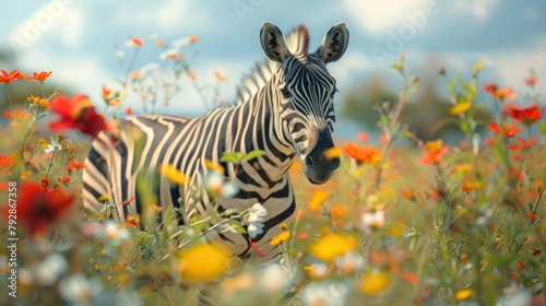 Wide angle lens, zebras and beautiful flower fields