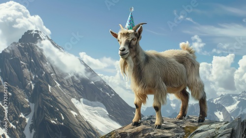 One cheeky goat climbing on top in mountain sky blue background, sheep, Eid ul Adha © Rozeena