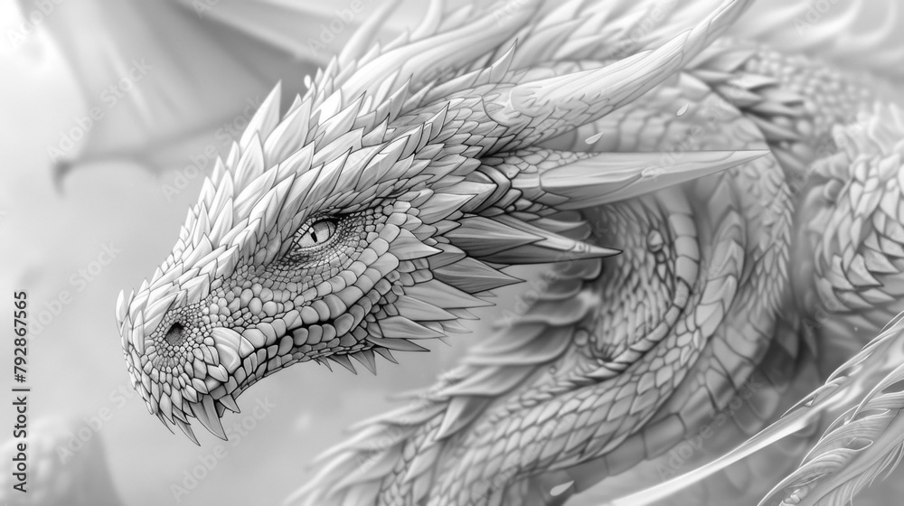 Obraz premium Detailed black and white dragon illustration with ornate scales and mythical presence