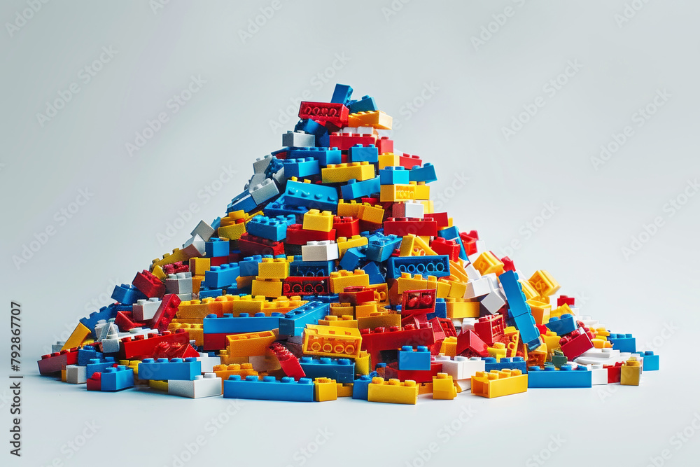 Fototapeta premium Colorful building bricks stacked in a pile on a white background