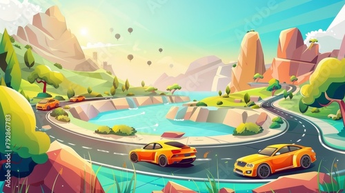 Driving cars along a river or sea with mountains in the distance. Cartoon modern landscape with rocky hills, water pond, and highway. Skyline with three vehicles driving.