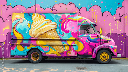 Vibrant pop art painted ice cream truck with playful graphics and bright colors © Robert Kneschke