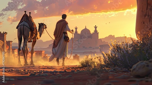 Traditional Arab Man Walking with Camel in Desert with Modern Skyline at Sunset, eid ul adha, Eid al adha photo