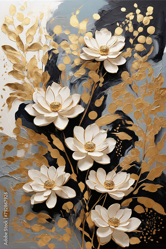Abstract floral background with white flowers and golden leaves. Hand-drawn illustration.