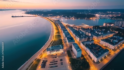 Amazing aerial landscape of Gdynia by the Baltic Sea at dusk. Poland