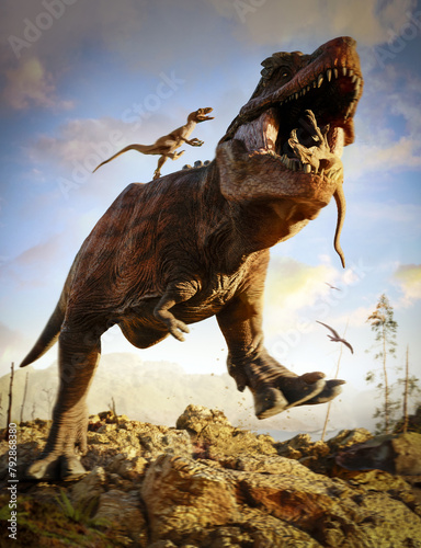 Jurrasic scene - Trex dinosaur being attacked  3D illustration.No AI  made in Blender