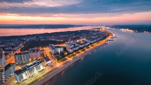 Amazing aerial landscape of Gdynia by the Baltic Sea at dusk. Poland