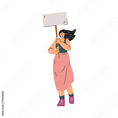 Vector illustration on a white background with a young activist girl holding an empty banner in her hands