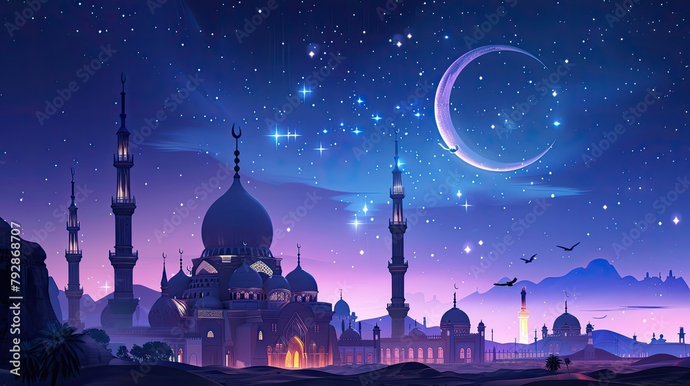 Mosque under the night sky and moon, Ramadan Kareem, Eid ul fiter, Eid al adha