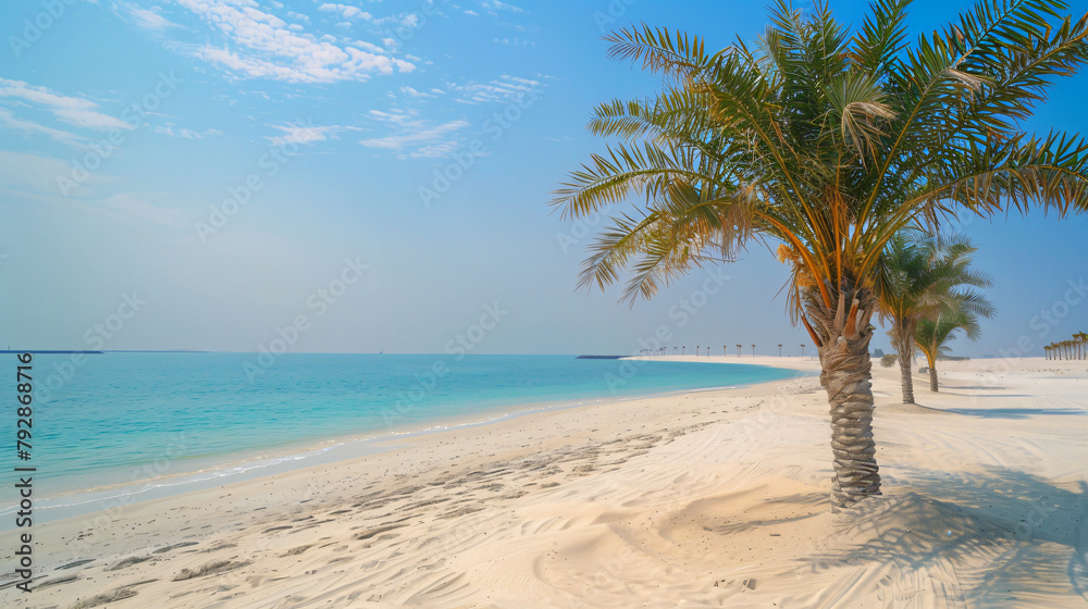 Beautiful beach with white sand and palms in Dybai 