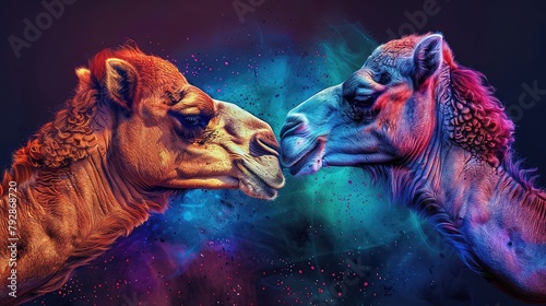 Two colorful camels kissing in the style love, Eid ul adha, Eid al adha
