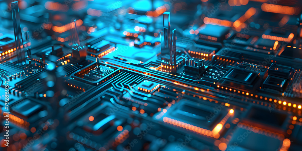 Closeup of smart city on electronic circuit board technology background, Futuristic cyberspace concept - obrazy, fototapety, plakaty 