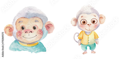 cute white hair monkey watercolor vector illustration