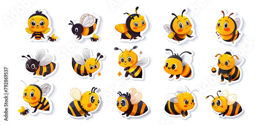 Set of honey bee stickers with different emotions and positions on a white background. Collection for World Honey Bee Day.