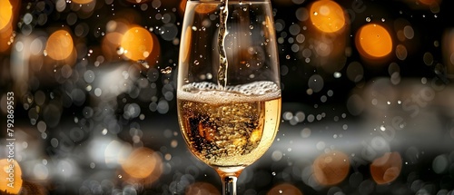Pouring Champagne into a wine glass with a knife and bubbles. Concept Celebration, Champagne, Wine Glass, Knife, Bubbles