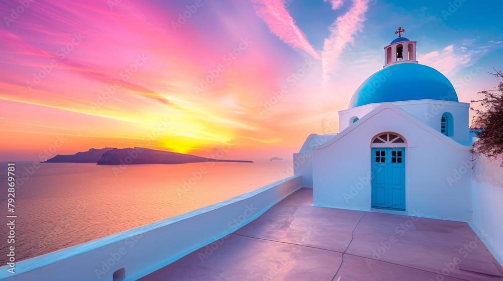 Beautiful colorful sunset in Santorini island Greece. - obrazy, fototapety, plakaty 