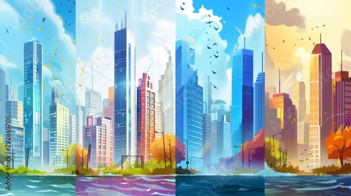 The cartoon shows the downtown of a city with modern skyscraper buildings in four weather seasons, namely sunny days, snowfall in the winter, thunderstorms with rain and lightning, and wind blowing photo