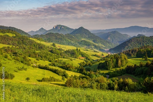 Mountain pass in Pieniny in Poland. Beautiful, dynamic and hazy sky over the mountains. Slovakia and Poland countryside.Mountain hiking, healthy lifestyle © Ivan