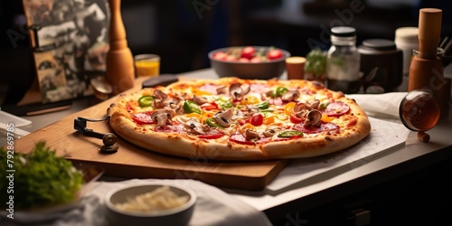 Fresh baked tasty pizza with meat and vegetables and herbs on dinner table. Meal food restaurant background scene