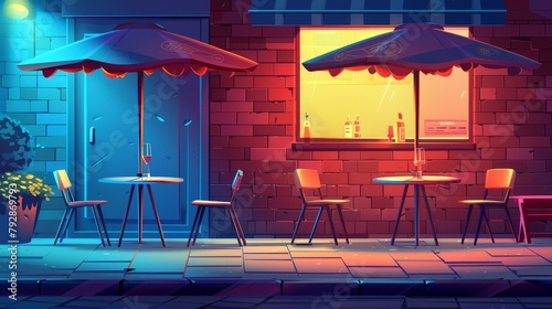 Night street café with tables, chairs and silhouettes of people in bistro windows. Modern cartoon illustration of dark urban street, restaurant furniture under parasols outdoors, brick wall photo