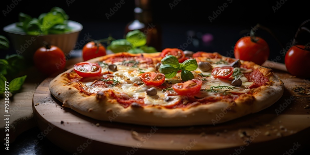 Fresh baked tasty pizza with meat and vegetables and herbs on dinner table. Meal food restaurant background scene Fresh baked tasty pizza with meat and vegetables and herbs on dinner table. Meal food restaurant background scene