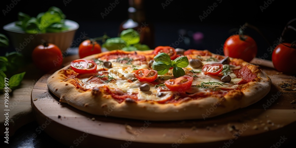 Fresh baked tasty pizza with meat and vegetables and herbs on dinner table. Meal food restaurant background scene