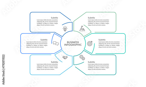 6 process infographic thin line design template. diagram, annual report, business presentation, and organization. Vector illustration.