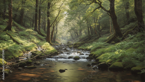 A small stream winds its way through a lush green forest