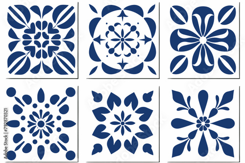 Mediterranean tile abstract geometric floral patterns in blue and white. Vector illustration