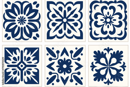 Mediterranean tile abstract geometric floral patterns in blue and white. Vector illustration