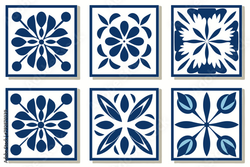 Mediterranean tile abstract geometric floral patterns in blue and white. Vector illustration