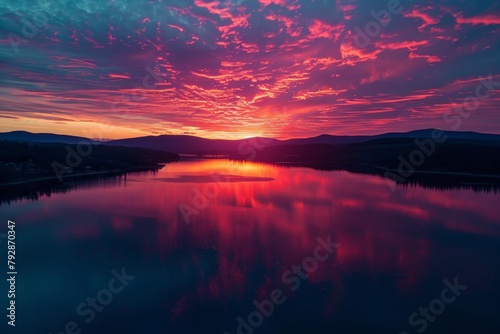 Aerial shot of a fiery sunset painting the sky with vibrant colors, reflected in the calm surface of a vast lake