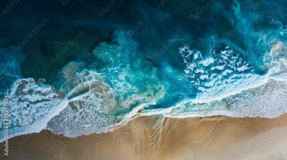 Aerial shot of a long stretch of pristine beach with turquoise waves crashing against the shore, revealing intricate sand patterns