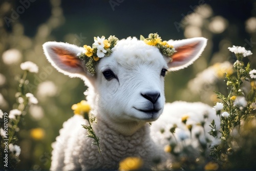 'lamb baby flower crown animal symbol easter sheep cute nature love spring white farm little young newborn happy wool grass yorkshire green countryside ear meadow pasture landscape farming small' photo